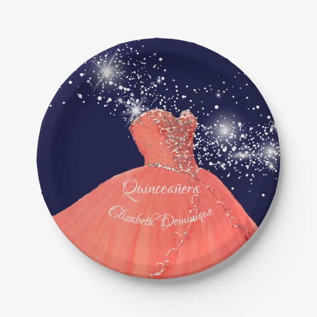 Elegant Quinceañera Coral Gown Paper Plate (Front)