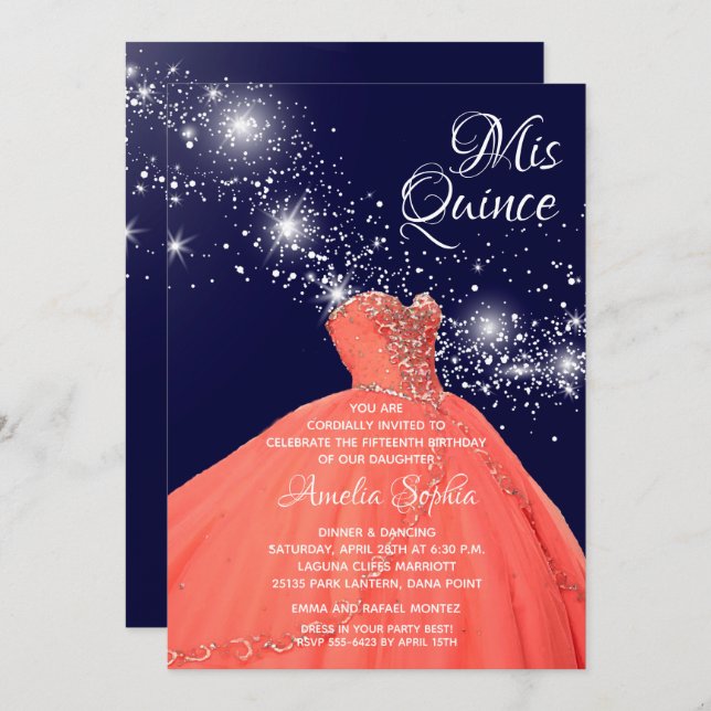 Elegant Quinceañera Coral Gown Stars Invitations (Front/Back)