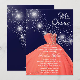Elegant Quinceañera Coral Gown Stars Invitations