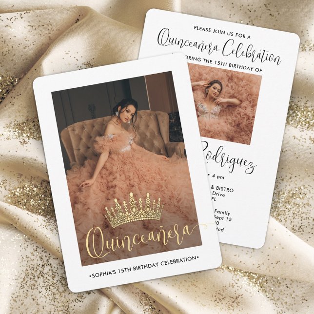 Elegant Quinceañera Crown Modern 2 Photo White Invitation (Creator Uploaded)