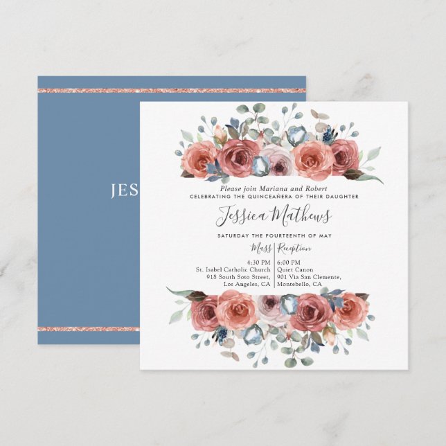 Elegant Quinceanera, Dusty Blue and Blush Floral Invitation (Front/Back)