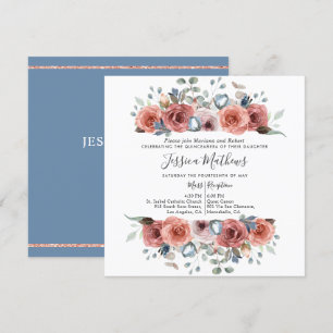 Elegant Quinceanera, Dusty Blue and Blush Floral Invitation