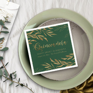Elegant Quinceanera Emerald Green and Gold Leaf Napkin