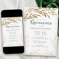 Elegant Quinceanera Emerald Green and Gold Leaves