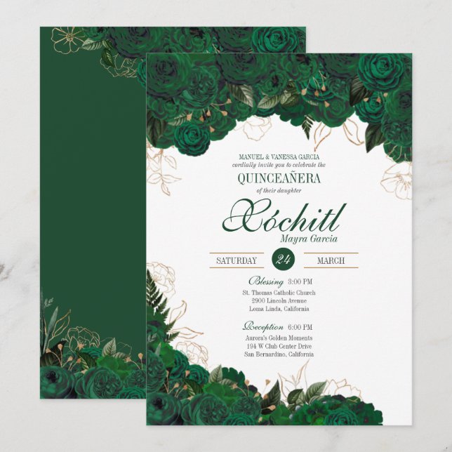 Elegant Quinceanera Emerald Green Gold Rose Floral Invitation (Front/Back)