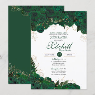 Elegant Quinceanera Emerald Green Gold Rose Floral Invitation