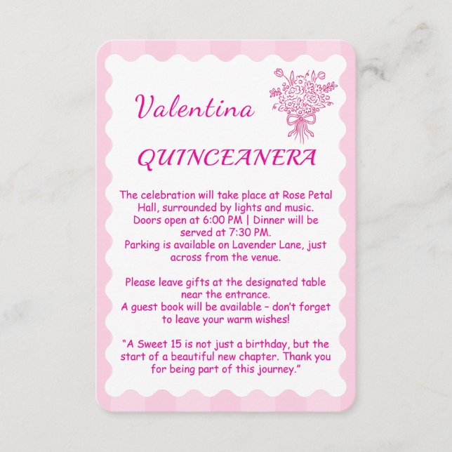 Elegant Quinceañera Floral Bouquet | Pink & White  Enclosure Card (Front)