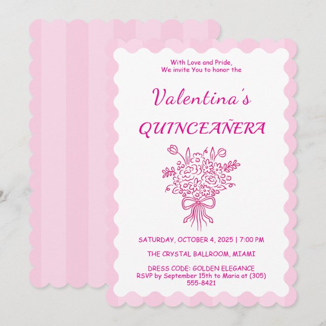 Elegant Quinceañera Floral Bouquet | Pink & White  Invitation (Front/Back)