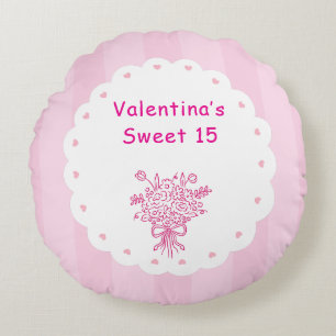Elegant Quinceañera Floral Bouquet Pink & White Round Cushion