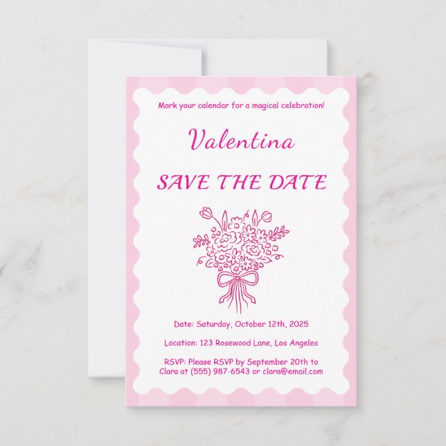 Elegant Quinceañera Floral Bouquet | Pink & White  Save The Date (Front)