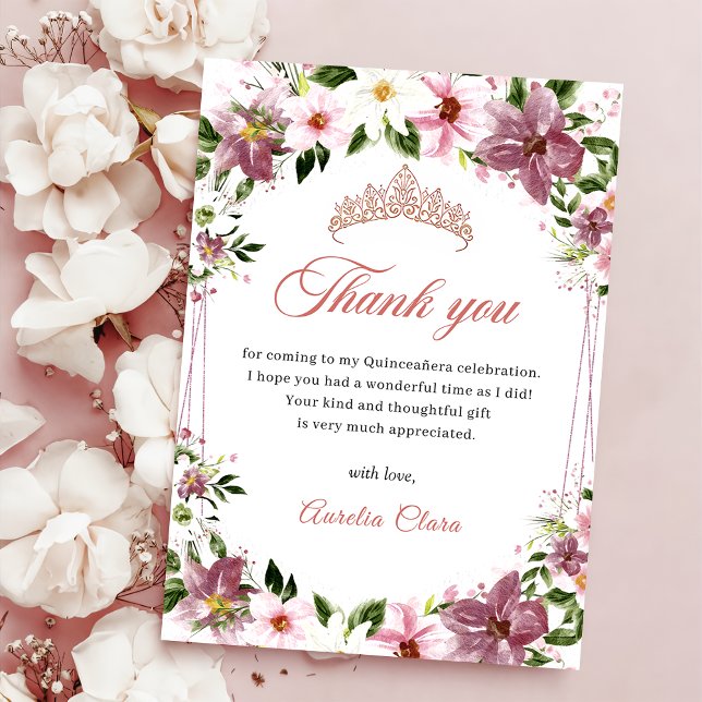 Elegant Quinceañera Floral Butterflies Thank You Card (Creator Uploaded)