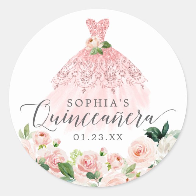 Elegant Quinceanera Floral Dress Classic Round Sticker (Front)