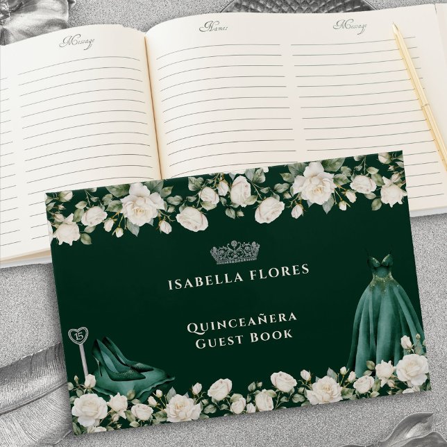 Elegant Quinceanera Floral Princess Dress Green Guest Book (Quinceanera Guest Book from the Princess Dress and Roses Quinceanera Collection by Darling & May)