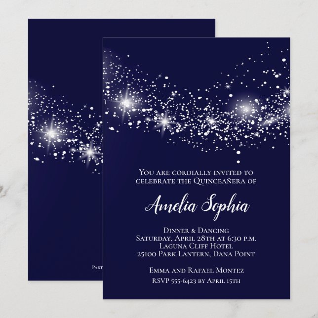 Elegant Quinceañera Glitter Navy Blue Invites (Front/Back)