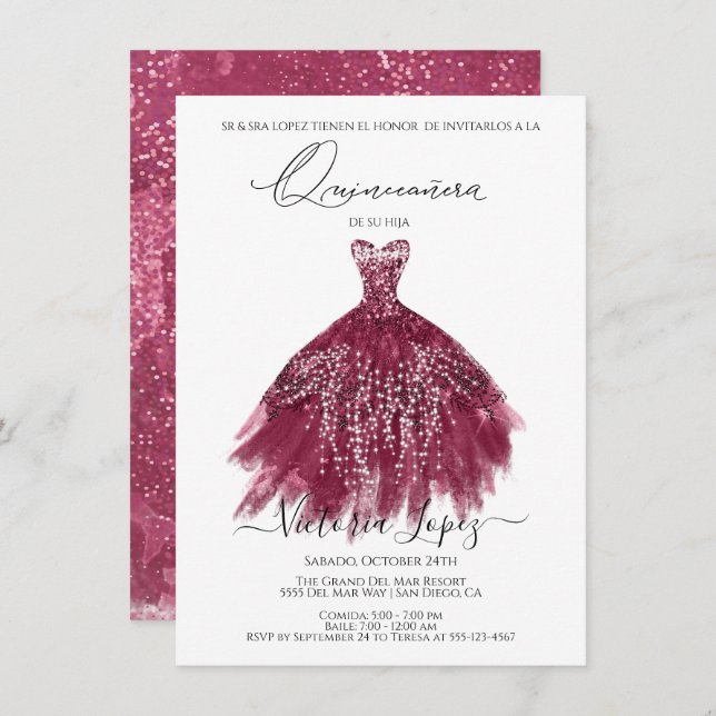 Elegant Quinceañera Glitter Sparkle Spanish Quince Invitation (Front/Back)