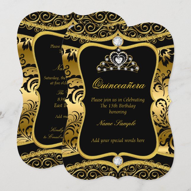 Elegant Quinceanera Gold Black Damask Tiara Invite (Front/Back)