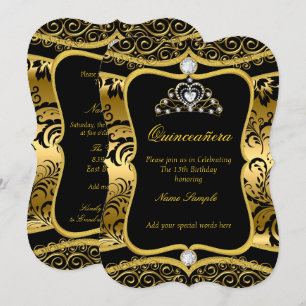 Elegant Quinceanera Gold Black Damask Tiara Invite