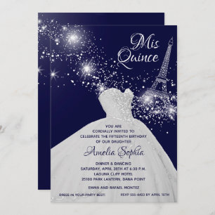 Elegant Quinceañera Gown Eiffel Tower Invitations