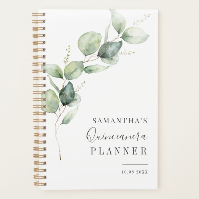 Elegant Quinceanera Greenery 15th Birthday Planner (Front)