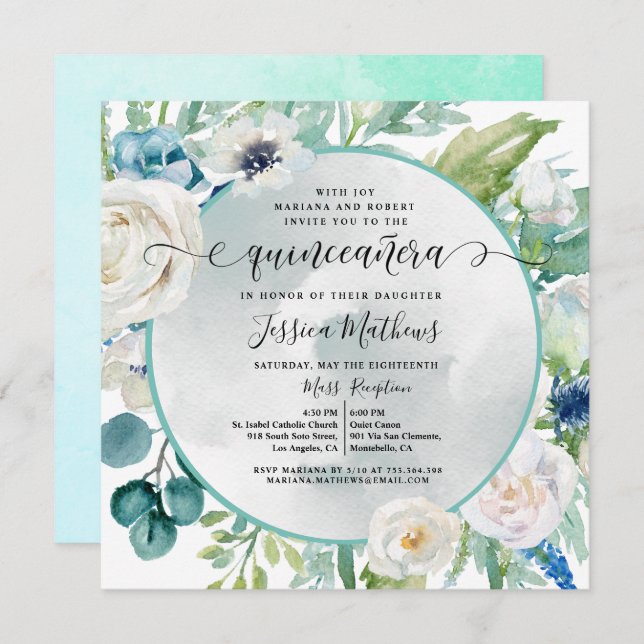 Elegant Quinceañera in Aqua Turquoise Teal Floral  Invitation (Front/Back)