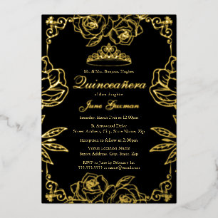 Elegant Quinceañera Invitation – Black & Gold Flor