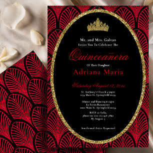 Elegant Quinceanera Invitation Gold Red Art Deco