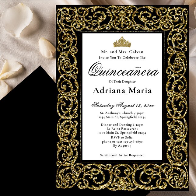 Elegant Quinceanera Invitation Gold Scrollwork (Creator Uploaded)