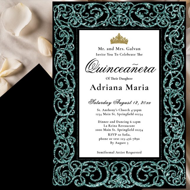 Elegant Quinceanera Invitation Teal Scrollwork (Creator Uploaded)