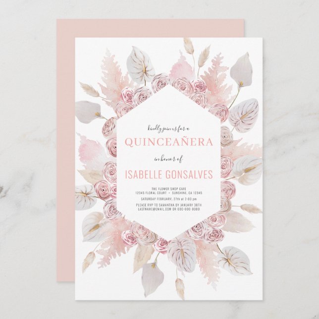 Elegant QUINCEAÑERA Modern Boho Watercolor Blush Invitation (Front/Back)