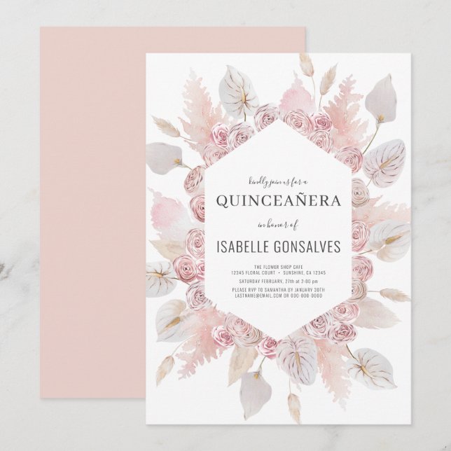 Elegant QUINCEAÑERA Modern Boho Watercolor Pink    Invitation (Front/Back)