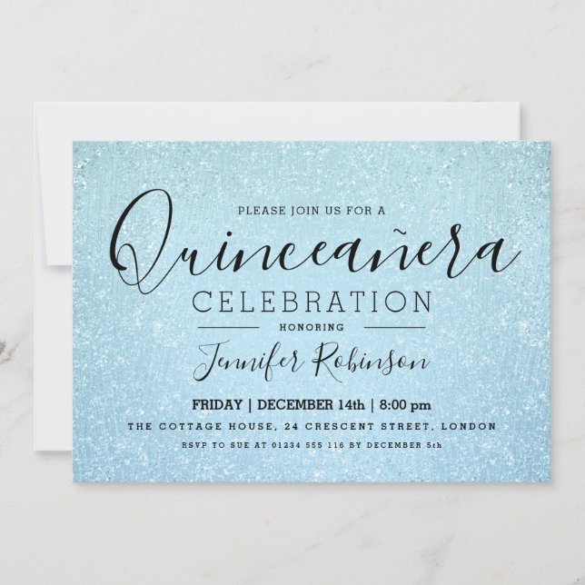 Elegant Quinceanera Party Blue Glitter Look Paint Invitation (Front)