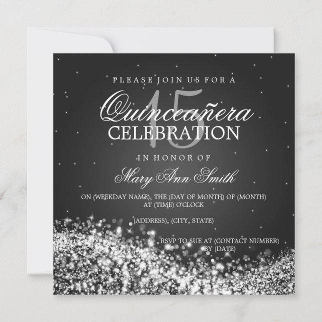 Elegant Quinceanera Party Sparkling Wave 2 Black Invitation (Front)