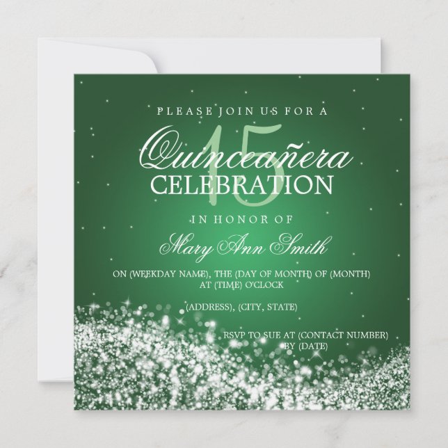 Elegant Quinceanera Party Sparkling Wave 2 Green Invitation (Front)