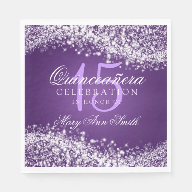 Elegant Quinceanera Party Sparkling Wave Purple Napkin (Front)