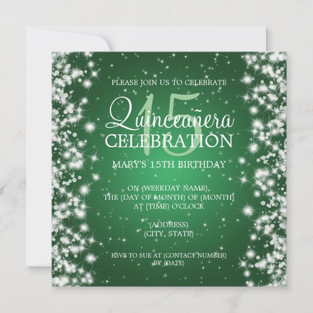 Elegant  Quinceañera Party Winter Sparkle 2 Green Invitation (Front)