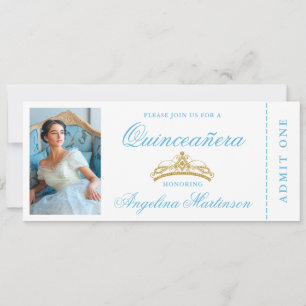 Elegant Quinceanera Photo Blue Gold Ticket Invitation