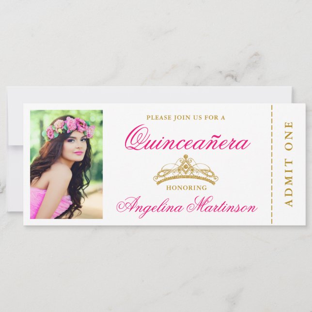 Elegant Quinceanera Photo Hot Pink and Gold Ticket Invitation (Front)