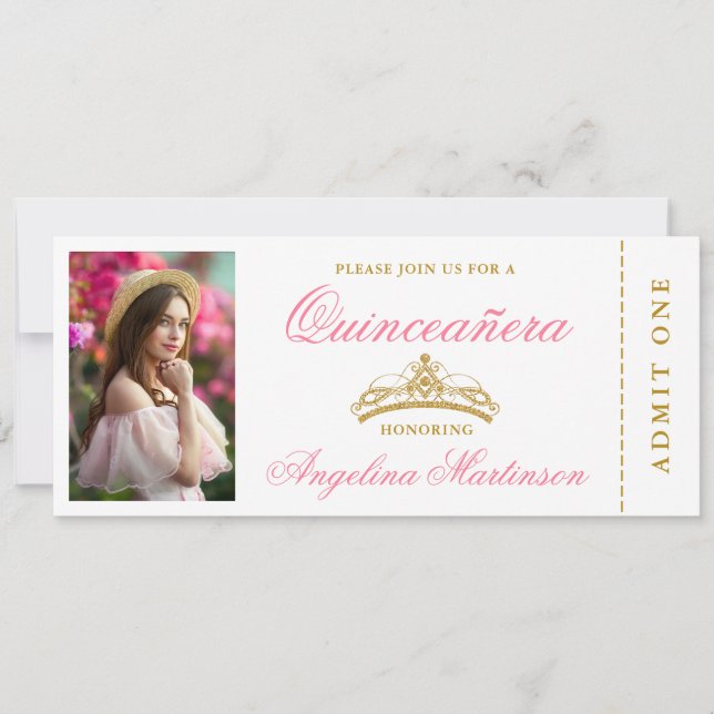 Elegant Quinceanera Photo Pink and Gold Ticket Invitation (Front)