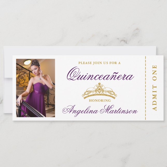 Elegant Quinceanera Photo Purple and Gold Ticket Invitation (Front)