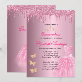 Elegant Quinceañera Pink and Gold Glitter Drips In Invitation