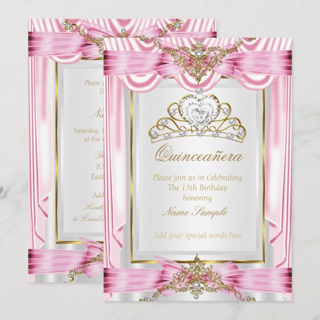 Elegant Quinceanera Pink Gold Silver White Invitation (Front/Back)