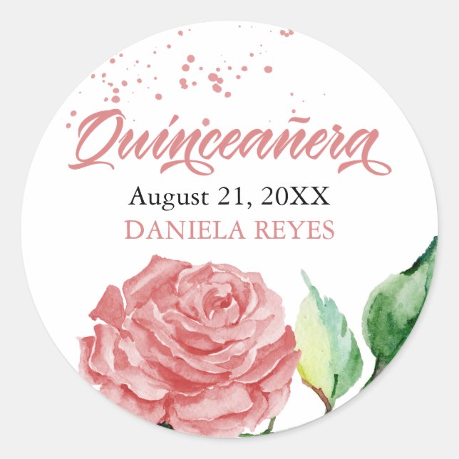 Elegant Quinceanera Pink Rose Watercolor Custom Classic Round Sticker (Front)