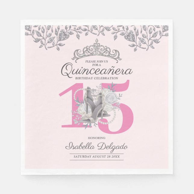 Elegant Quinceanera Princess Pink 15th Birthday In Napkin (Front)