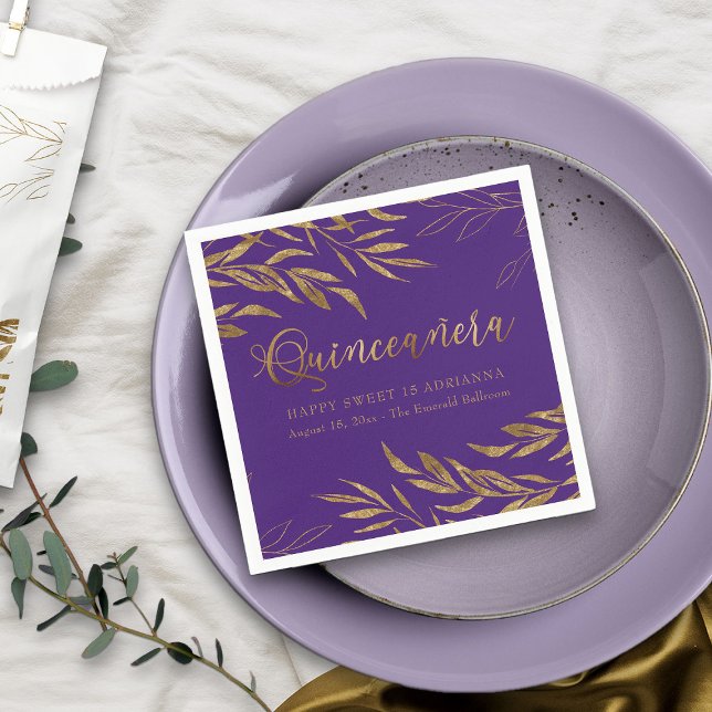 Elegant Quinceanera Purple and Gold Leaf Napkin (Purple Quinceanera napkin from my Gold Leaf Quinceanera Collection)