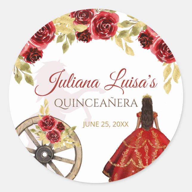 Elegant Quinceañera Red Gold Charra Crown Horses Classic Round Sticker (Front)