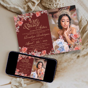Elegant Quinceanera Red Gold Rose Photo Invitation