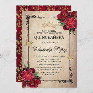 Elegant Quinceanera Red Rose Gold Foil Invitation