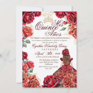 Elegant Quinceanera - Red Rose Gold Invitation