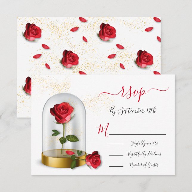 Elegant Quinceañera Red Rose response cards RSVP (Front/Back)