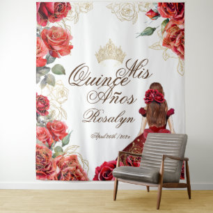 Elegant Quinceanera Red Roses Backdrop Tapestries